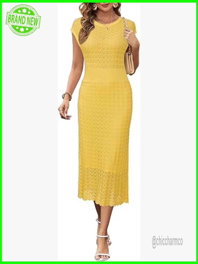 Midi Cap Sleeve Hollow Knit Modest Business Casual Dress